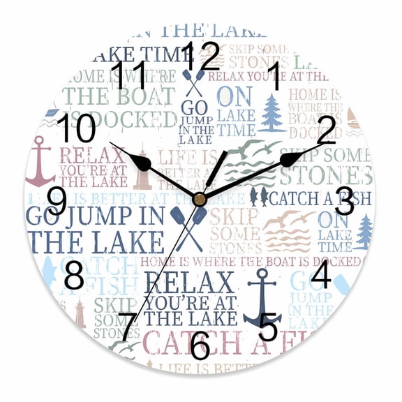 Wall Clock 10 Inch Coastal Nautical Lake Life Round Silent Decorative Wall Clocks Battery Operated for Living Room Bedroom Kitchen Classroom Decor, White,Small