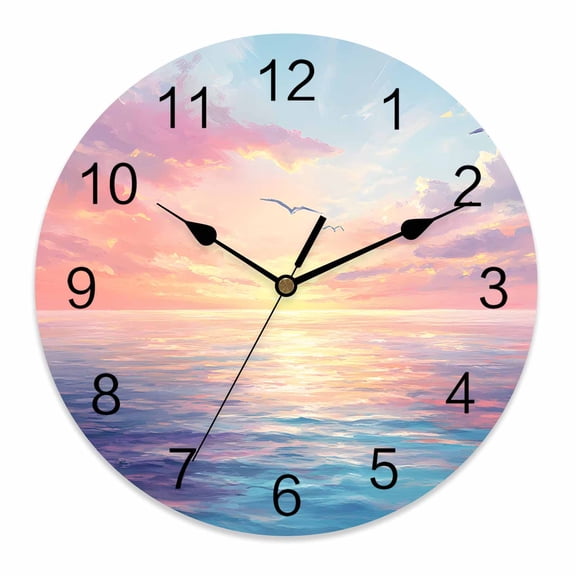 Wall Clock 10 Inch Coastal Round Silent Decorative Wall Clocks Battery Operated for Living Room Bedroom Kitchen Classroom Decor, Ocean Sunset Seagull Blue Pink Orange,Small