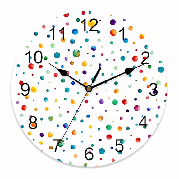 Wall Clock 10 Inch Colorful Polka Dot Round Silent Decorative Wall Clocks Battery Operated for Living Room Bedroom Kitchen Classroom Decor, Rainbow Color,Small