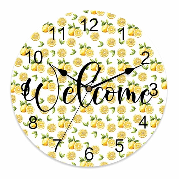 Wall Clock 10 Inch Country Summer Round Silent Decorative Wall Clocks Battery Operated for Living Room Bedroom Kitchen Classroom Decor, Welcome Lemon Print Yellow,Small