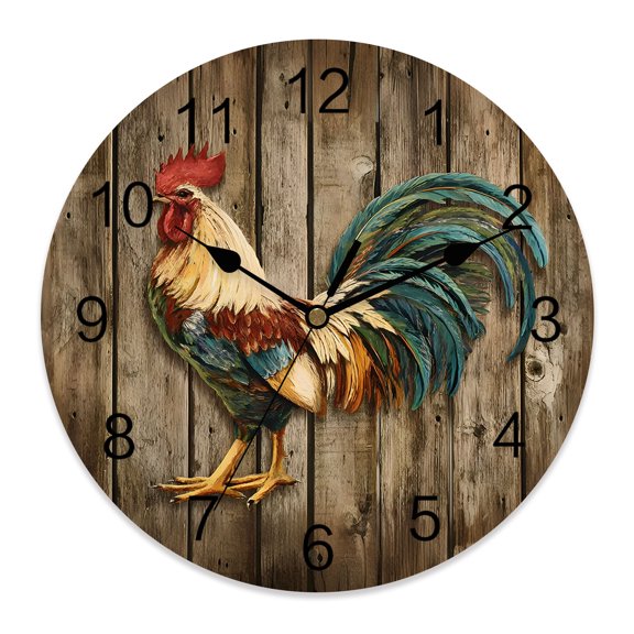 Wall Clock 10 Inch Farmhouse Rooster Round Silent Decorative Wall Clocks Battery Operated for Living Room Bedroom Kitchen Classroom Decor, Rustic Wood Background Brown Red Green