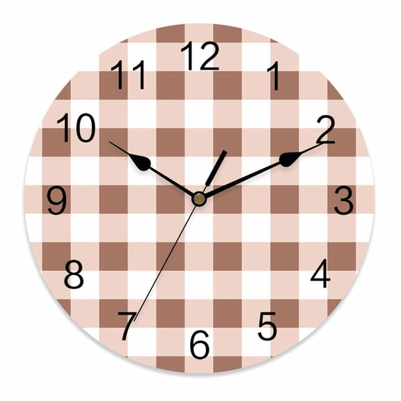 Wall Clock 10 Inch Farmhouse Vintage Round Silent Decorative Wall Clocks Battery Operated for Living Room Bedroom Kitchen Classroom Decor, Gingham Checkered Texture Rosy Brown,Small