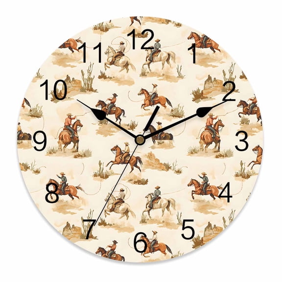 Wall Clock 10 Inch Farmhouse Western Round Silent Decorative Wall Clocks Battery Operated for Living Room Bedroom Kitchen Classroom Decor, Cowboy Desert Horse Print Brown Beige,Small