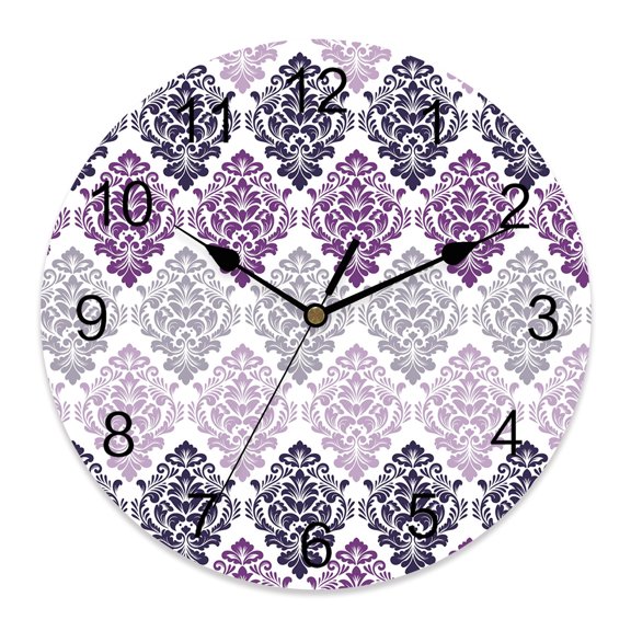 Wall Clock 10 Inch Floral Damask Pattern Round Silent Decorative Wall Clocks Battery Operated for Living Room Bedroom Kitchen Classroom Decor, Gradient Purple Luxury Stripes
