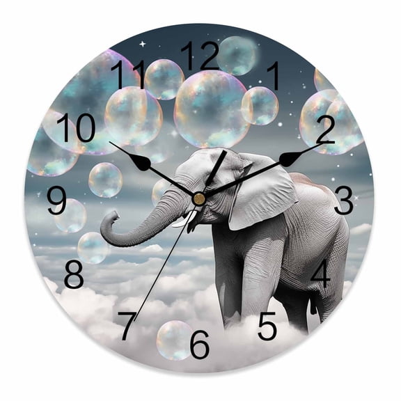 Wall Clock 10 Inch Funny Elephants Blow Bubbles Round Silent Decorative Wall Clocks Battery Operated for Living Room Bedroom Kitchen Classroom Decor, Gray White,Small