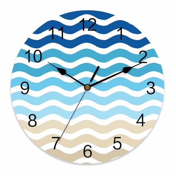 Wall Clock 10 Inch Geometric Beach Striped Pattern Round Silent Decorative Wall Clocks Battery Operated for Living Room Bedroom Kitchen Classroom Decor, Blue Brown Wave Pattern,Small