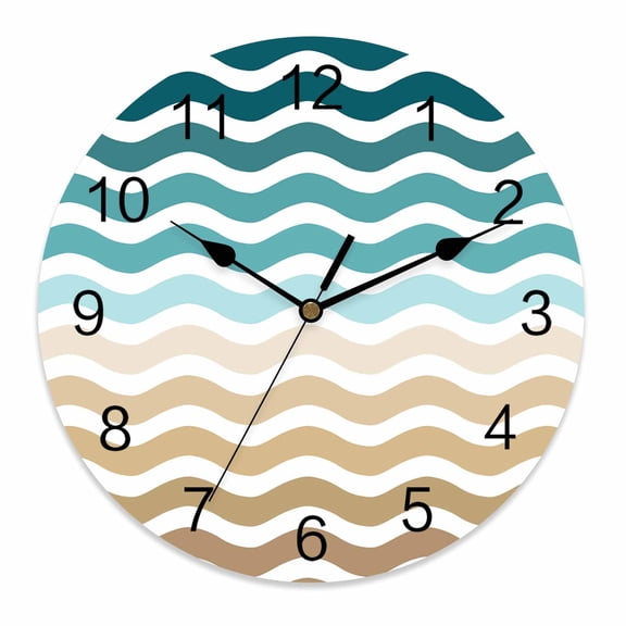 Wall Clock 10 Inch Geometric Beach Striped Pattern Round Silent Decorative Wall Clocks Battery Operated for Living Room Bedroom Kitchen Classroom Decor, Teal Brown White Wave Pattern,Small
