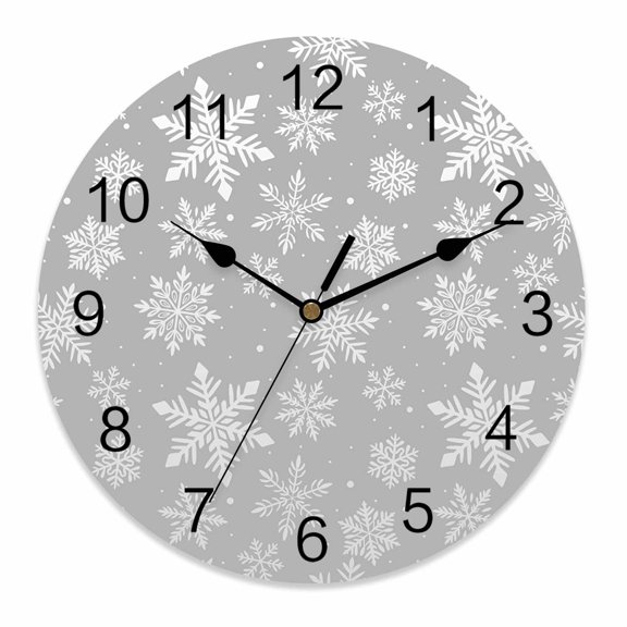Wall Clock 10 Inch Gray Snowflakes Pattern Christmas Round Silent Decorative Wall Clocks Battery Operated for Living Room Bedroom Kitchen Classroom Decor, Vintage White Winter,Small