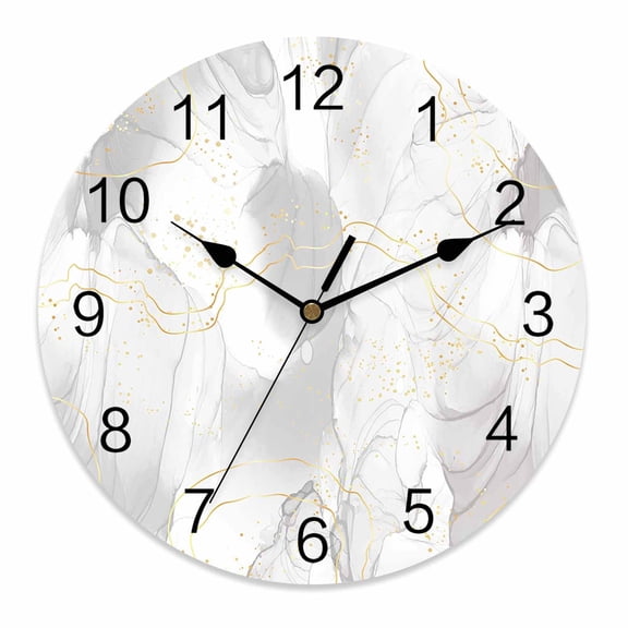 Wall Clock 10 Inch Grey Abstract Marble Texture Round Silent Decorative Wall Clocks Battery Operated for Living Room Bedroom Kitchen Classroom Decor, Modern Gold Line White,Small