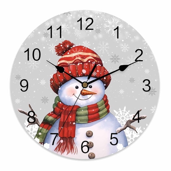 Wall Clock 10 Inch Grey Christmas Snowman Round Silent Decorative Wall Clocks Battery Operated for Living Room Bedroom Kitchen Classroom Decor, Winter Snowflakes,Small