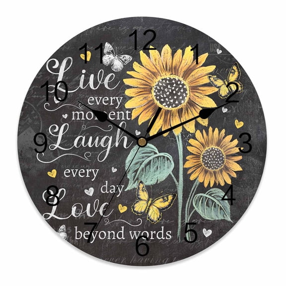 Wall Clock 10 Inch Inspirational Words Sunflower Round Silent Decorative Wall Clocks Battery Operated for Living Room Bedroom Kitchen Classroom Decor, Farmhouse Vintage Floral,Small