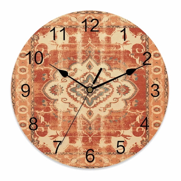 Wall Clock 10 Inch Orange Boho Texture Round Silent Decorative Wall Clocks Battery Operated for Living Room Bedroom Kitchen Classroom Decor, Abstract Ethnic Tribal Pattern,Small
