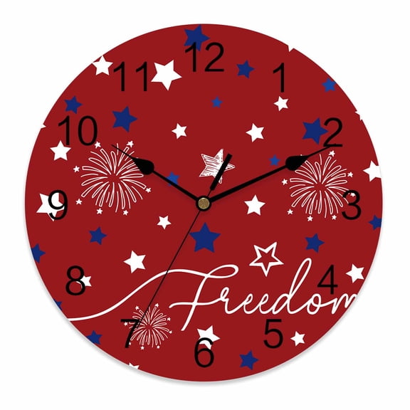 Wall Clock 10 Inch Patriotic 4th of July Round Silent Decorative Wall Clocks Battery Operated for Living Room Bedroom Kitchen Classroom Decor, Red White Blue Stars Freedom Memorial Day Summer,Small