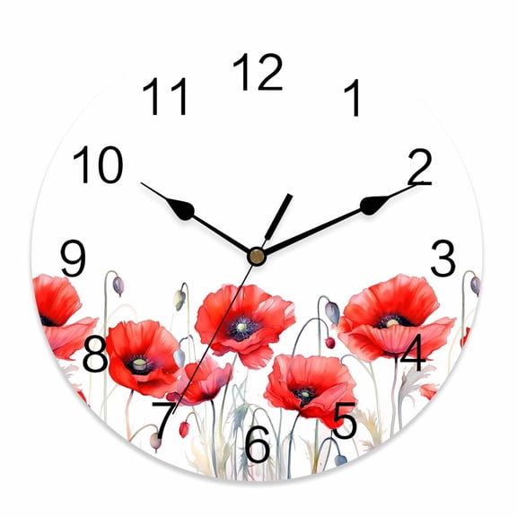 Wall Clock 10 Inch Patriotic Memorial Day Round Silent Decorative Wall Clocks Battery Operated for Living Room Bedroom Kitchen Classroom Decor, Watercolor Vintage Poppies Flowers Red,Small