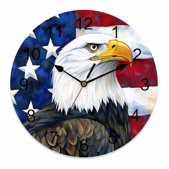 Wall Clock 10 Inch Patriotic Round Silent Decorative Wall Clocks Battery Operated for Living Room Bedroom Kitchen Classroom Decor, 4th of July American Flag Eagle Red Blue Brown,Small
