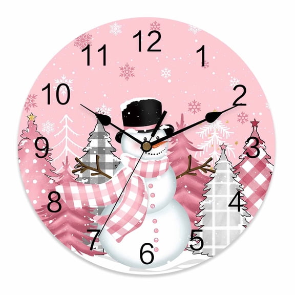 Wall Clock 10 Inch Pink Christmas Snowman Round Silent Decorative Wall Clocks Battery Operated for Living Room Bedroom Kitchen Classroom Decor, Plaid Trees Winter Snowflake,Small