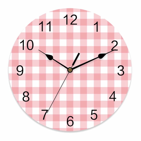 Wall Clock 10 Inch Pink Gingham Buffalo Check Round Silent Decorative Wall Clocks Battery Operated for Living Room Bedroom Kitchen Classroom Decor, Pink White Plaid,Small