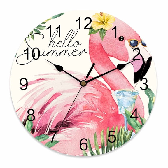 Wall Clock 10 Inch Pink Tropical Flamingos Round Silent Decorative Wall Clocks Battery Operated for Living Room Bedroom Kitchen Classroom Decor, Hello Summer Palm Leaf Green,Small