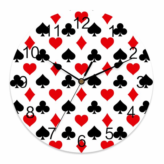Wall Clock 10 Inch Poker Game Texture Round Silent Decorative Wall Clocks Battery Operated for Living Room Bedroom Kitchen Classroom Decor, Red Black Casino Pattern,Small