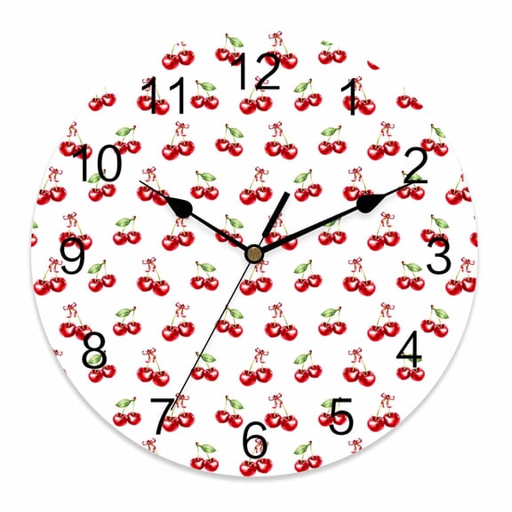 Wall Clock 10 Inch Red Vintage Cherry Round Silent Decorative Wall Clocks Battery Operated for Living Room Bedroom Kitchen Classroom Decor, Watercolor Fruit Pattern White Green,Small