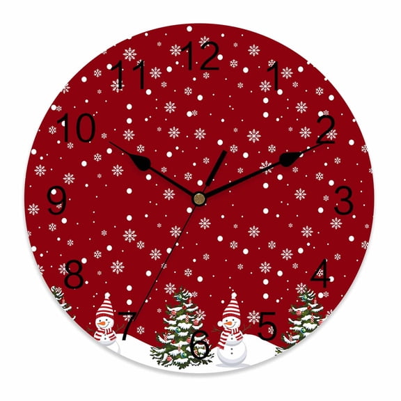 Wall Clock 10 Inch Red Winter Christmas Snowman Round Silent Decorative Wall Clocks Battery Operated for Living Room Bedroom Kitchen Classroom Decor, White Snowflakes Pattern,Small