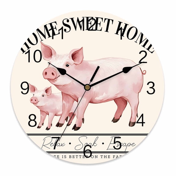 Wall Clock 10 Inch Retro Farmhouse Pig Round Silent Decorative Wall Clocks Battery Operated for Living Room Bedroom Kitchen Classroom Decor, Home Sweet Home Pastel Pink,Small