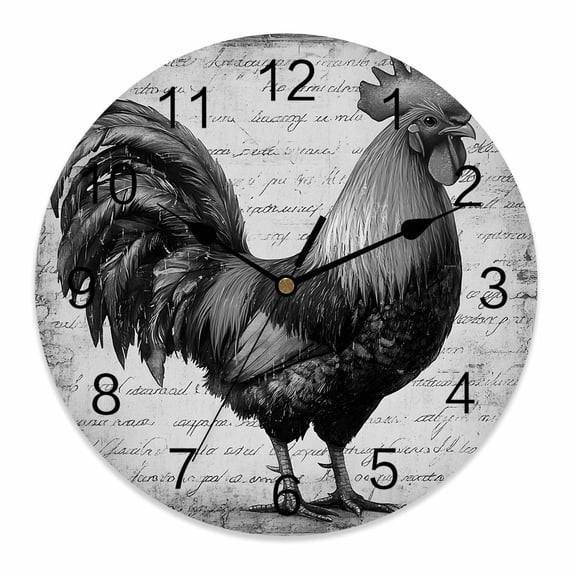 Wall Clock 10 Inch Retro Farmhouse Round Silent Decorative Wall Clocks Battery Operated for Living Room Bedroom Kitchen Classroom Decor, Watercolor Rooster Pattern Black White,Small
