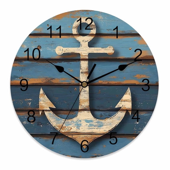 Wall Clock 10 Inch Retro Nautical Round Silent Decorative Wall Clocks Battery Operated for Living Room Bedroom Kitchen Classroom Decor, Anchor Wood Texture Beige Navy Blue,Small