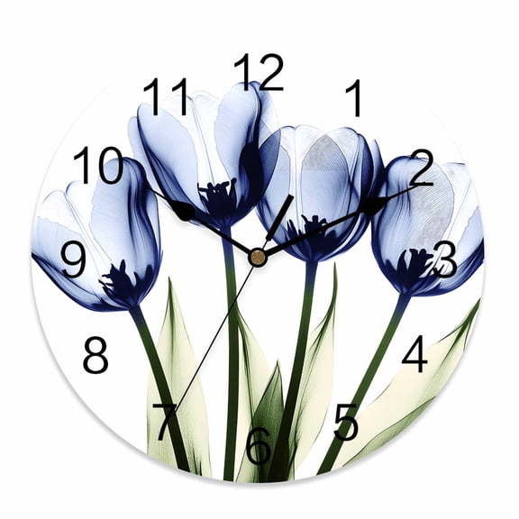 Wall Clock 10 Inch Royal Blue Tulip Floral Round Silent Decorative Wall Clocks Battery Operated for Living Room Bedroom Kitchen Classroom Decor, Watercolor Flowers,Small
