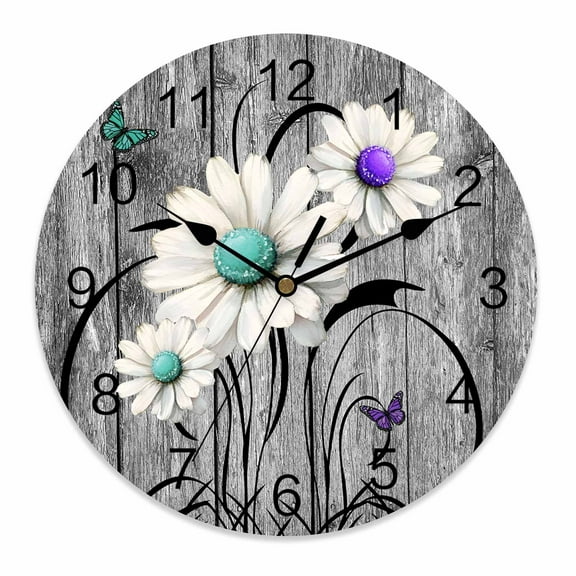 Wall Clock 10 Inch Rustic Daisy Round Silent Decorative Wall Clocks Battery Operated for Living Room Bedroom Kitchen Classroom Decor, Teal Flowers Grey Wood Textured,Small