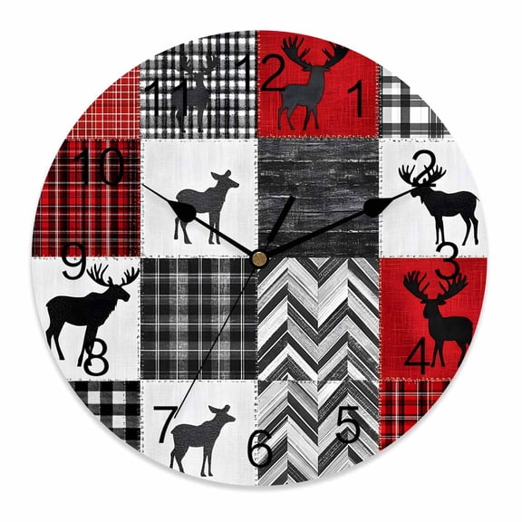 Wall Clock 10 Inch Rustic Farmhouse Checkered Plaid Round Silent Decorative Wall Clocks Battery Operated for Living Room Bedroom Kitchen Classroom Decor, Country Cabin Deer Red Black White,Small