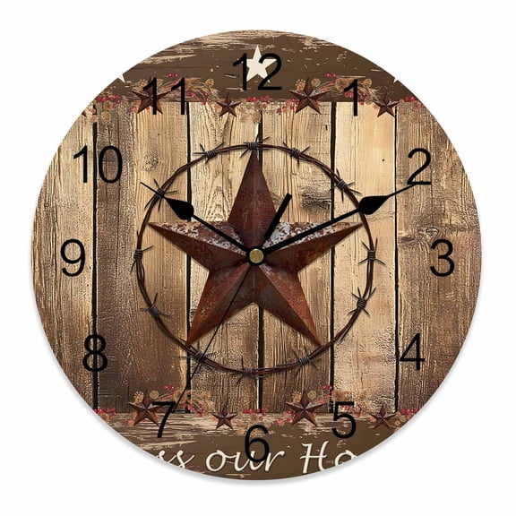 Wall Clock 10 Inch Rustic Farmhouse Round Silent Decorative Wall Clocks Battery Operated for Living Room Bedroom Kitchen Classroom Decor, Wood Texture Barn Star Brown,Small
