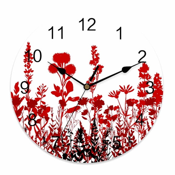 Wall Clock 10 Inch Rustic Field Round Silent Decorative Wall Clocks Battery Operated for Living Room Bedroom Kitchen Classroom Decor, Silhouette Flower Herb Red,Small