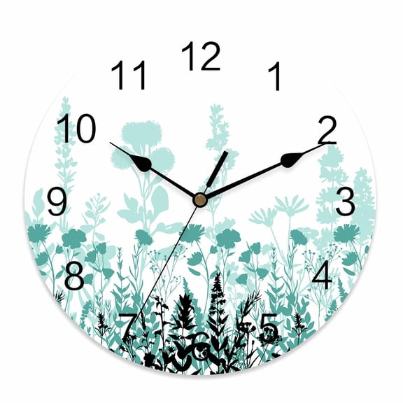 Wall Clock 10 Inch Rustic Field Round Silent Decorative Wall Clocks Battery Operated for Living Room Bedroom Kitchen Classroom Decor, Silhouette Flower Herb Turquoise Black,Small