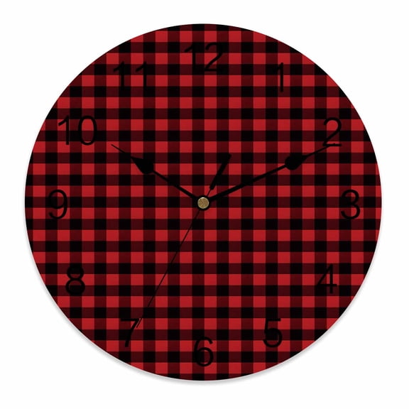 Wall Clock 10 Inch Rustic Red Black Buffalo Check Plaid Pattern Round Silent Decorative Wall Clocks Battery Operated for Living Room Bedroom Kitchen Classroom Decor, Christmas,Small