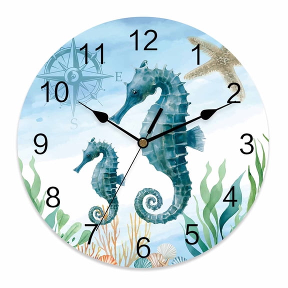 Wall Clock 10 Inch Sea Hippocampus Compass Round Silent Decorative Wall Clocks Battery Operated for Living Room Bedroom Kitchen Classroom Decor, Bule Sea Starfish Shell,Small