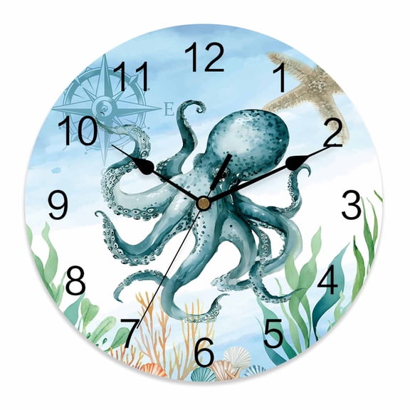 Wall Clock 10 Inch Sea Octopus Compass Round Silent Decorative Wall Clocks Battery Operated for Living Room Bedroom Kitchen Classroom Decor, Bule Sea Starfish Seaweed,Small