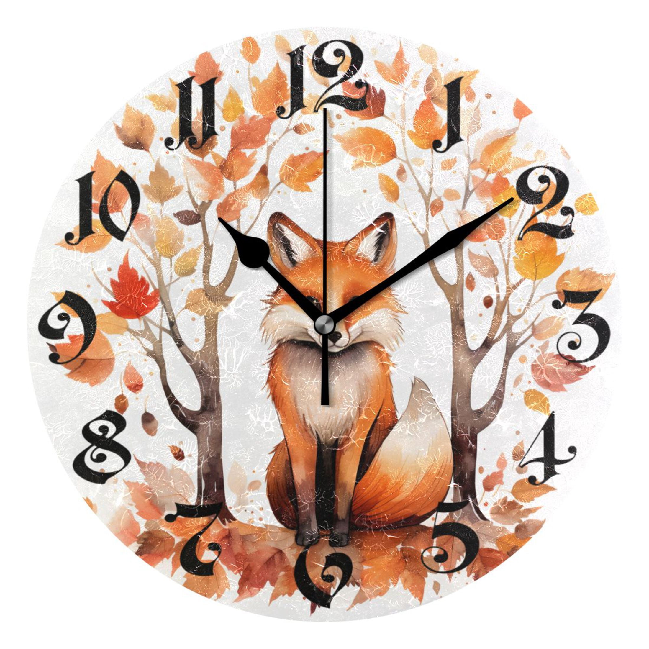 Wall Clock 10 Inch Silent Non-Ticking 8 Autumn Fox under Tree Battery ...
