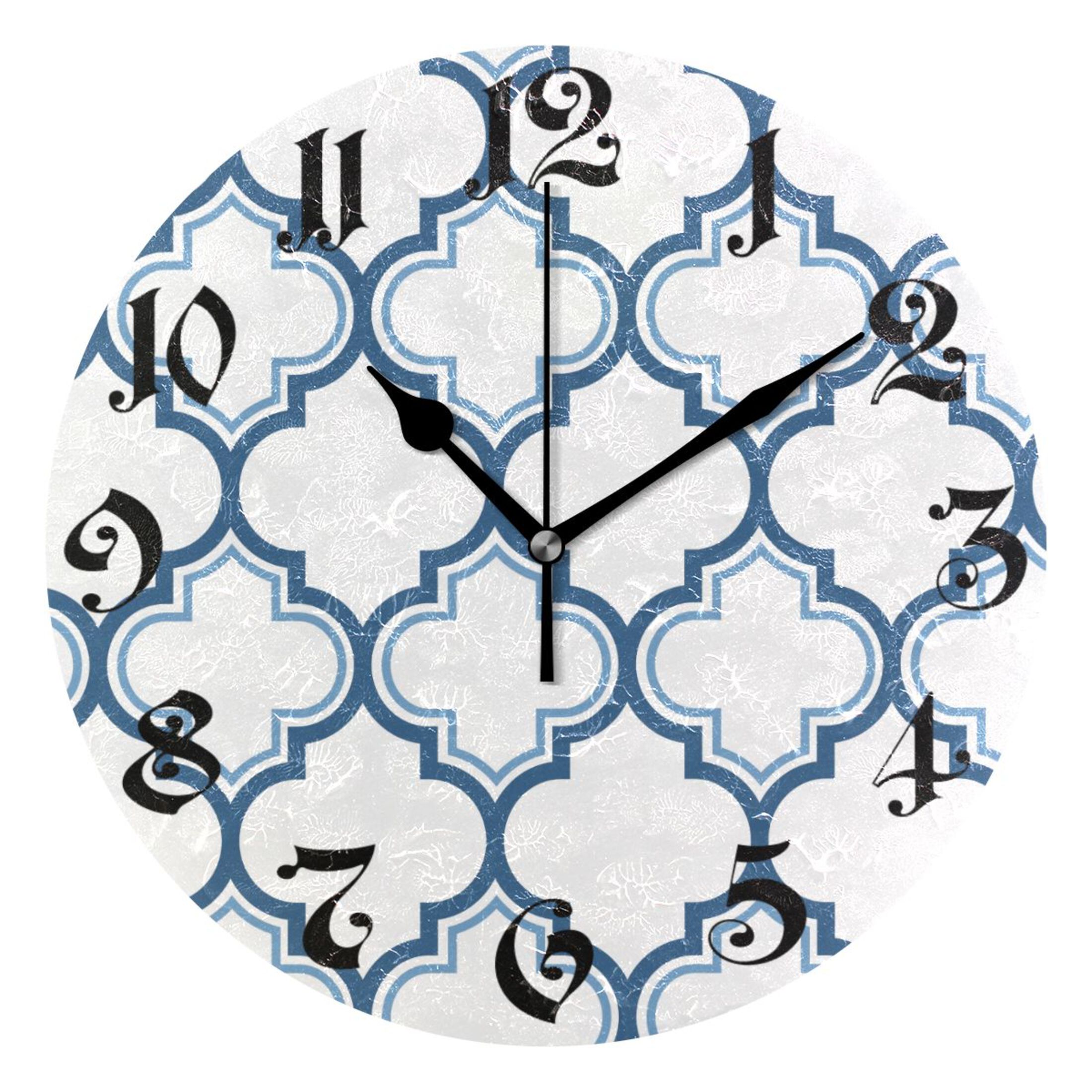 Wall Clock 10 Inch Silent NonTicking 8 Blue and White Lattice Battery
