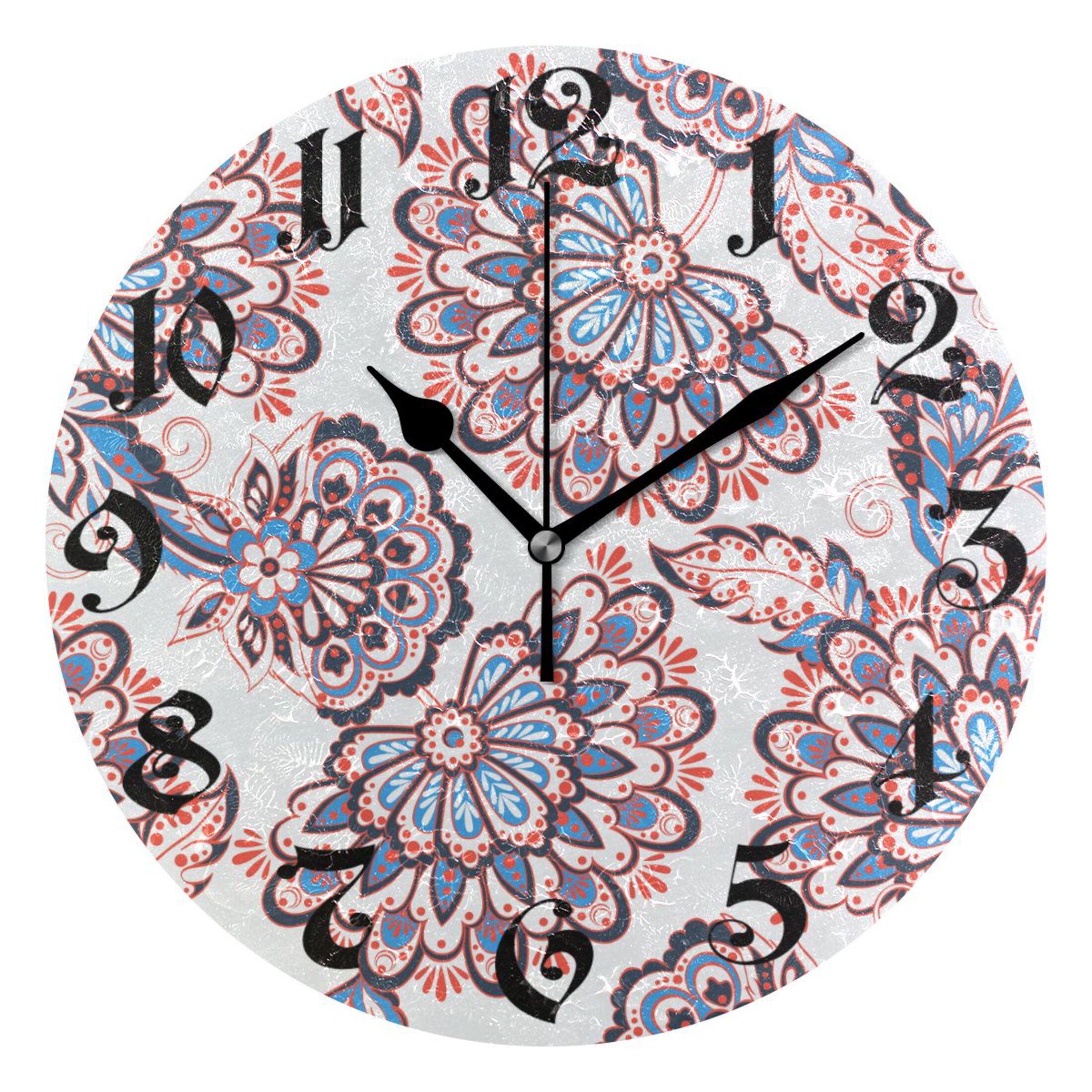 Wall Clock 10 Inch Silent NonTicking 8 Boho Flowers Bohomia Battery