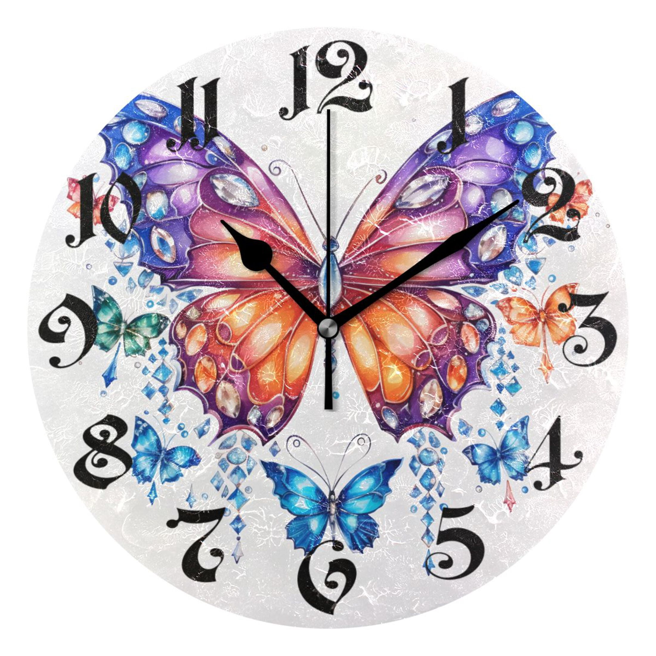 Wall Clock 10 Inch Silent Non-Ticking 8 Butterflies Battery Operated ...