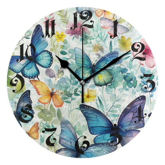 Wall Clock 10 Inch Silent Non-Ticking 8 Butterfly Floral Battery Operated Rustic Retro for Living Room Home Kitchen Bathroom