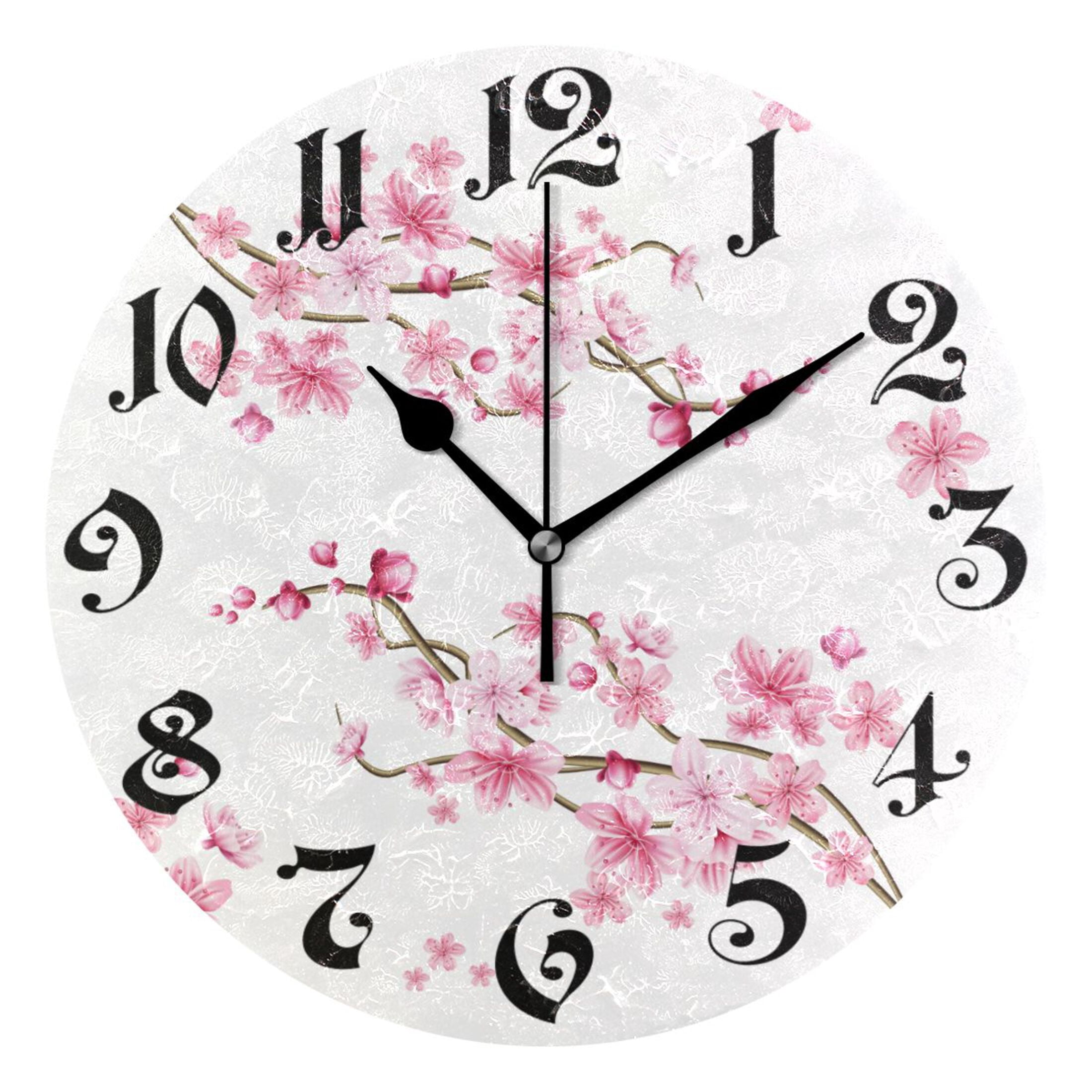 Wall Clock 10 Inch Silent Non-Ticking 8 Cherry Floral Pink Flowers ...