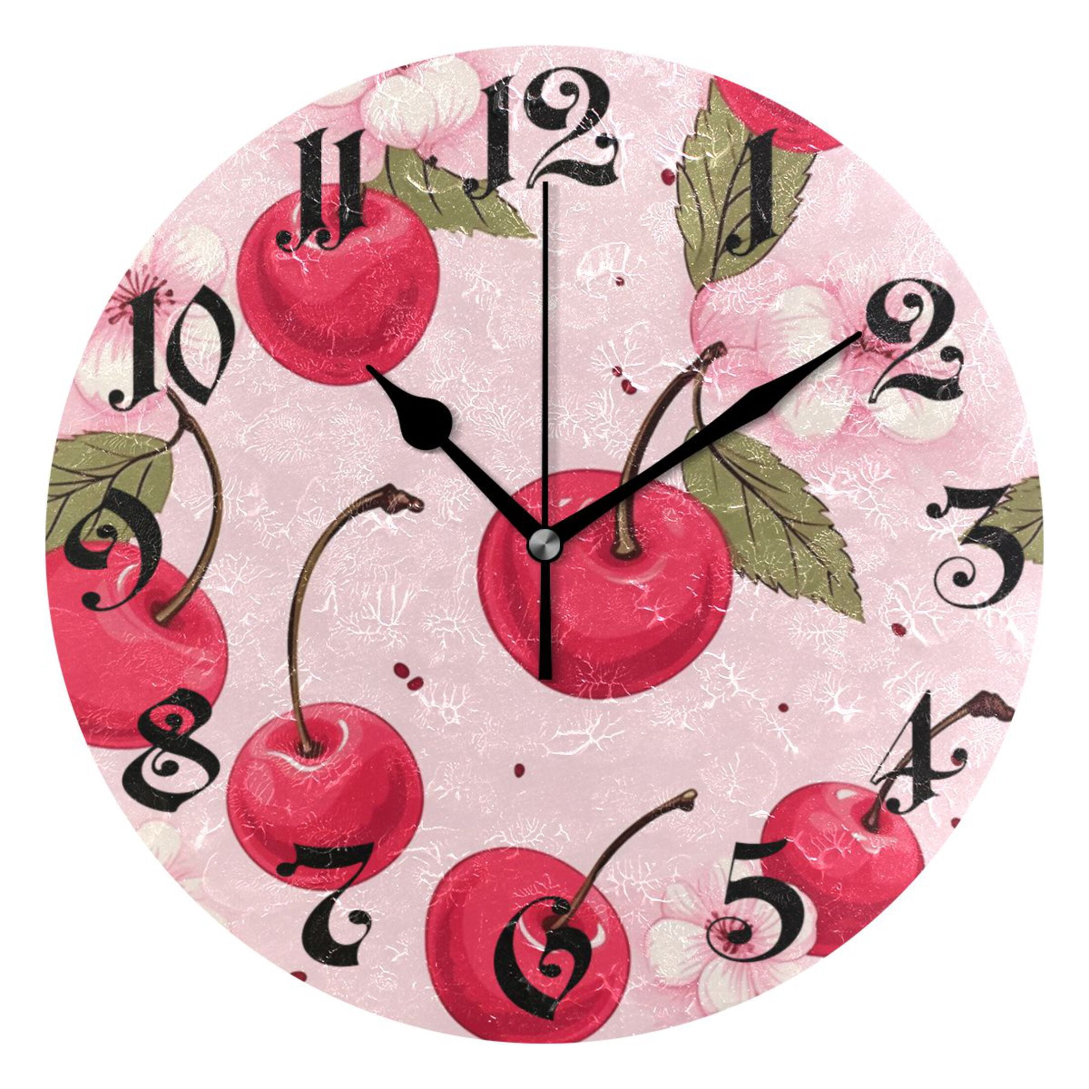 Wall Clock 10 Inch Silent Non-Ticking 8 Cherry Flowers Fruit Battery ...
