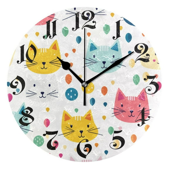 Wall Clock 10 Inch Silent Non-Ticking 8 Cute Cats Battery Operated Rustic Retro for Living Room Home Kitchen Bathroom