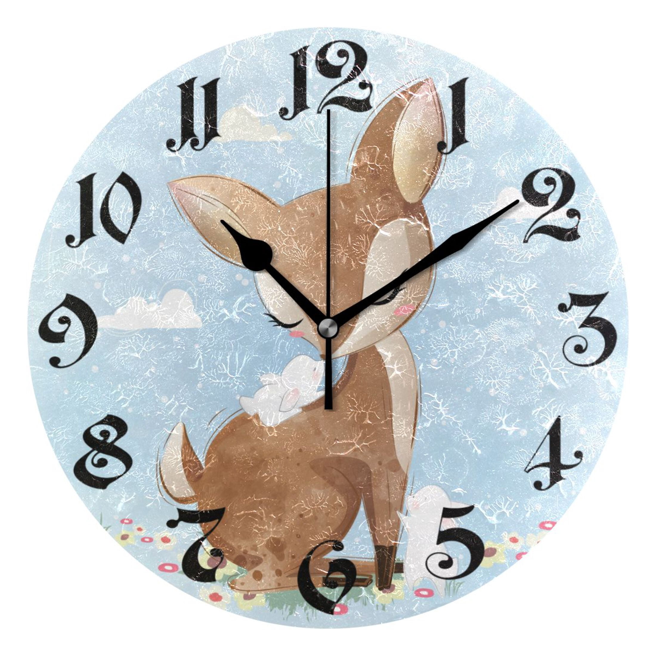 Wall Clock 10 Inch Silent Non-Ticking 8 Cute Deer with Floral Battery ...