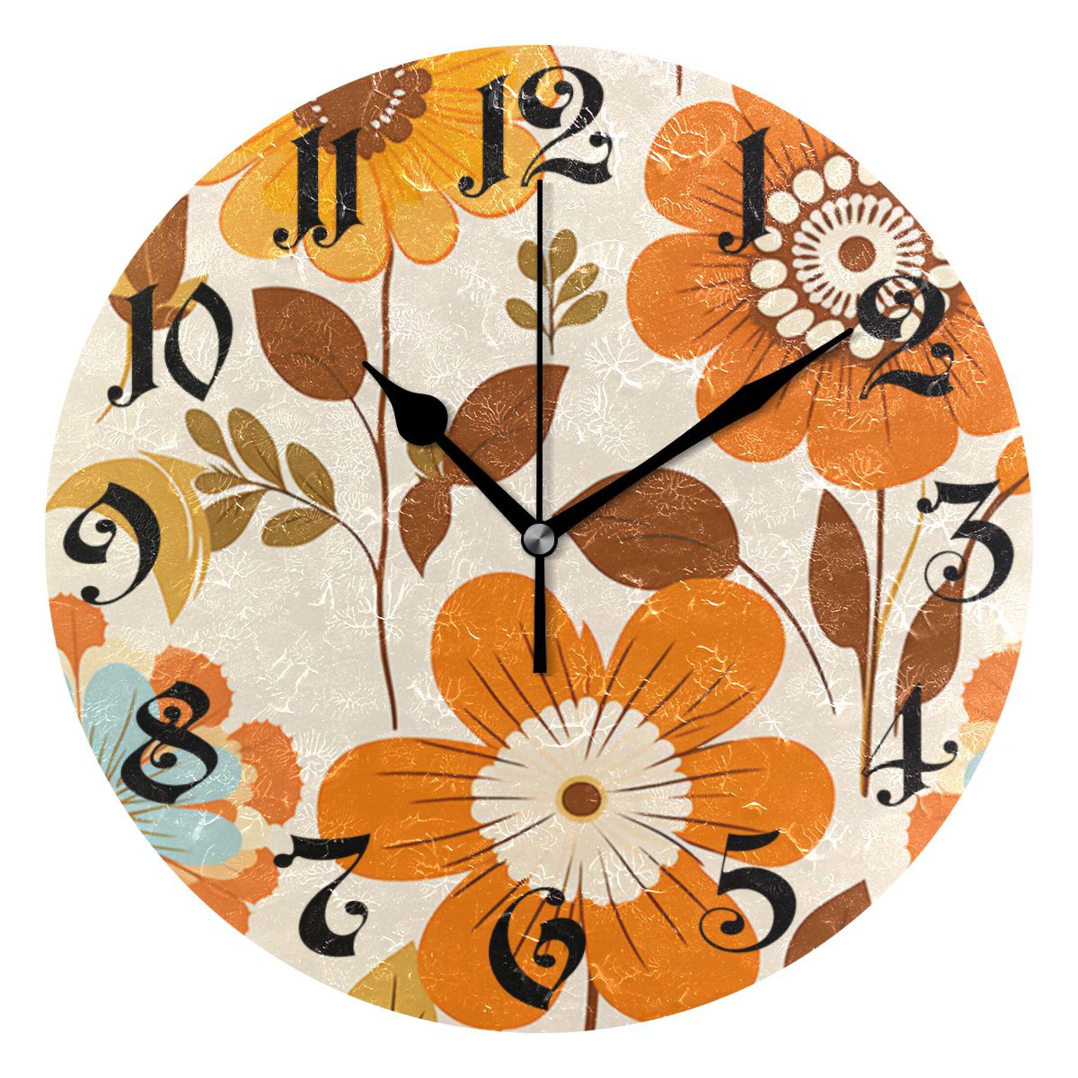Wall Clock 10 Inch Silent NonTicking 8 Flowers Battery Operated Rustic