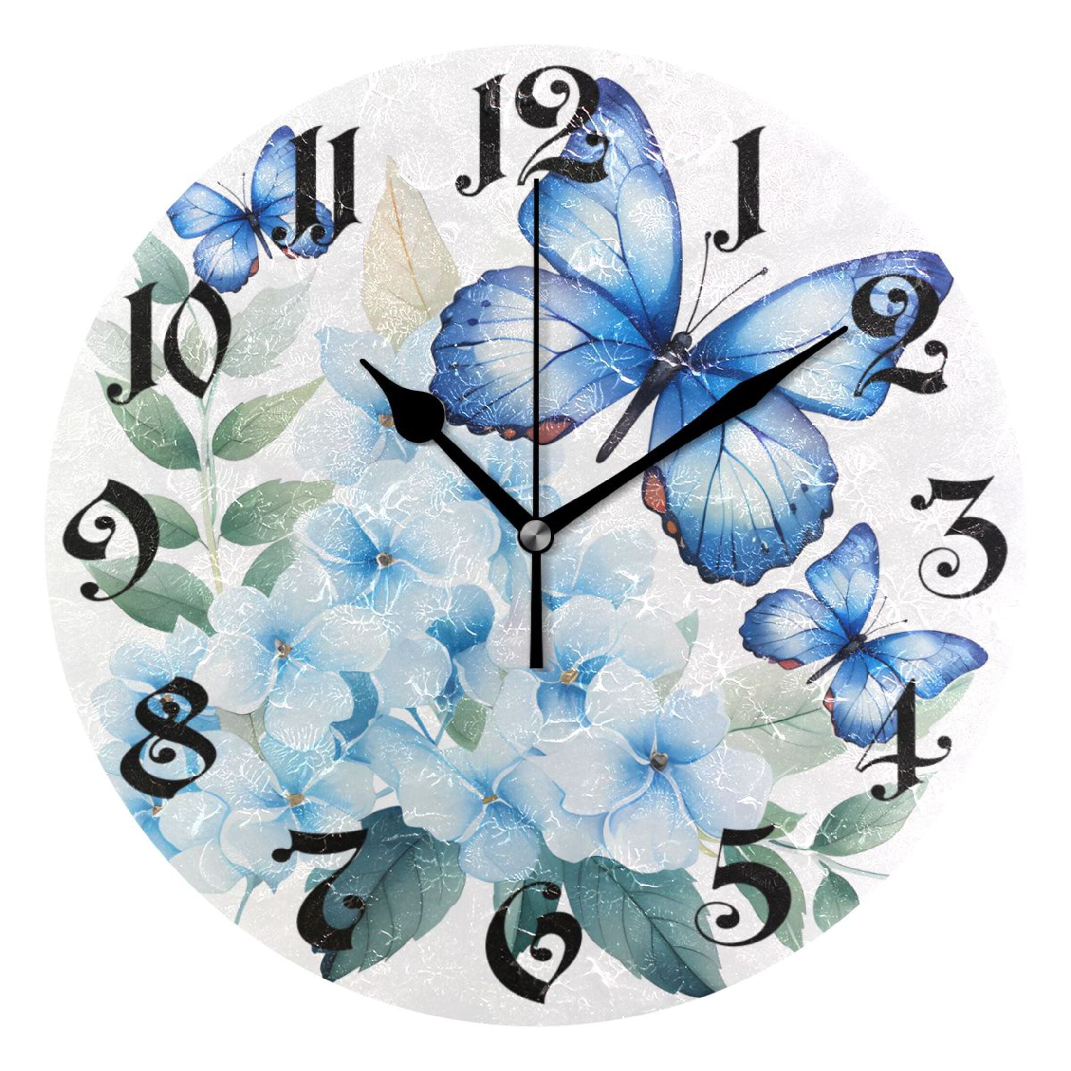 Wall Clock 10 Inch Silent Non-Ticking 8 Flowers and Blue Butterflies Battery Operated Rustic Retro for Living Room Home Kitchen Bathroom