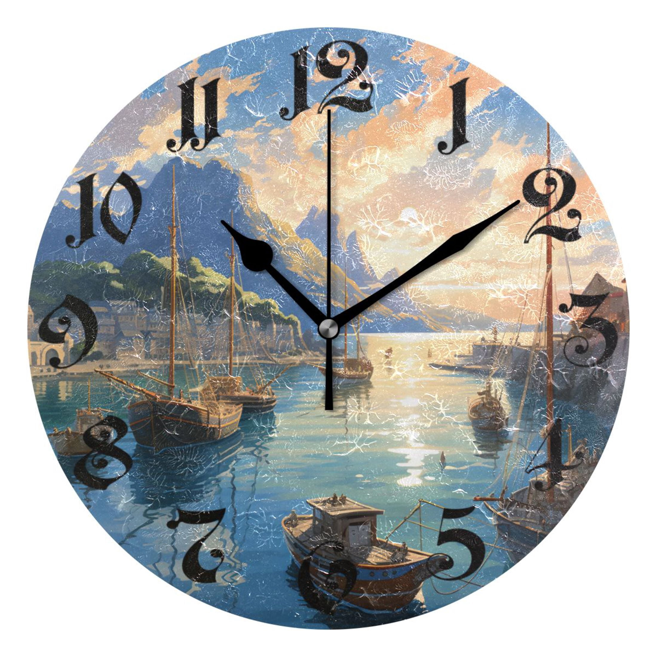 Wall Clock 10 Inch Silent Non-Ticking 8 Landscape with Ships Battery ...