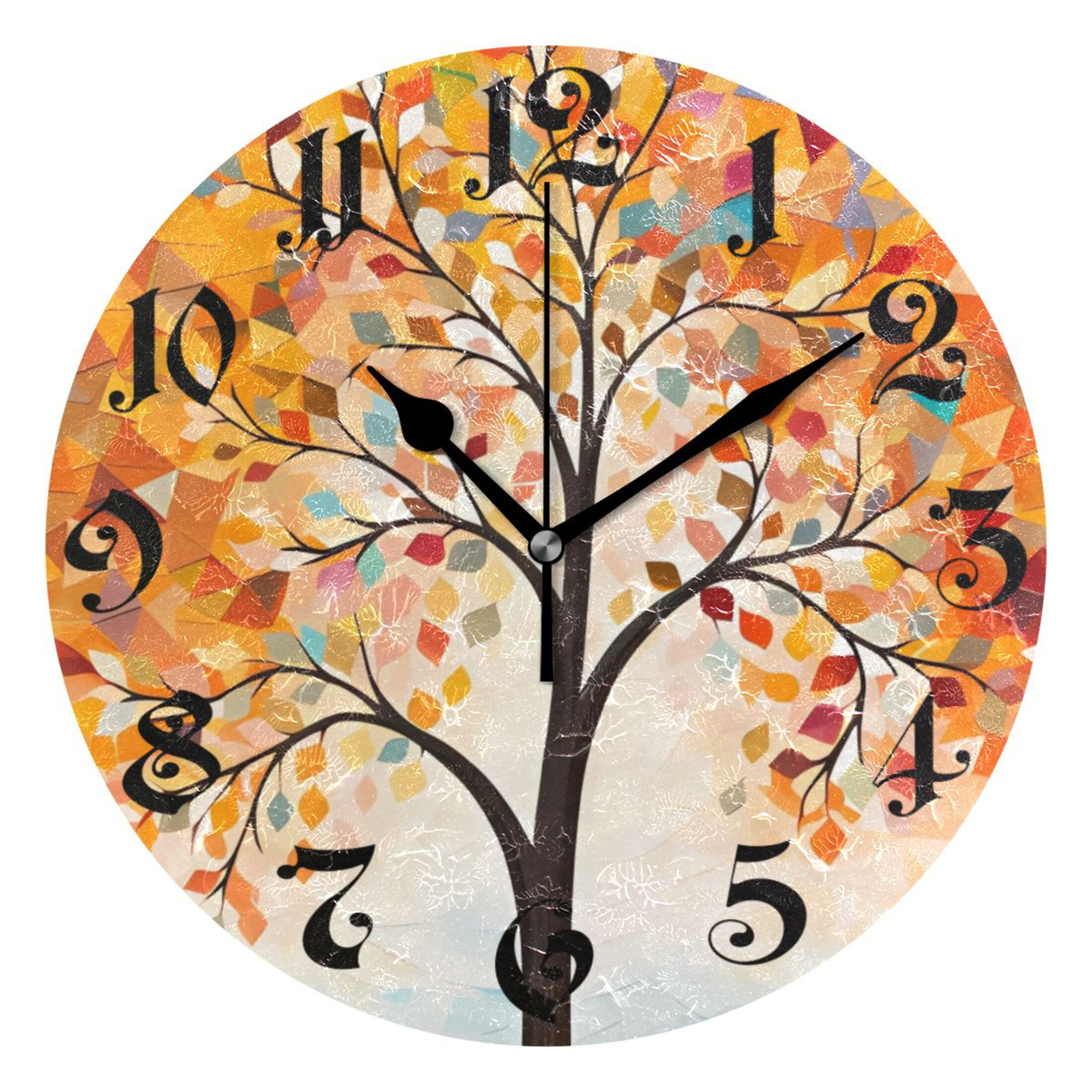 Wall Clock 10 Inch Silent Non-Ticking 8 Orange Tree Abstract Battery ...